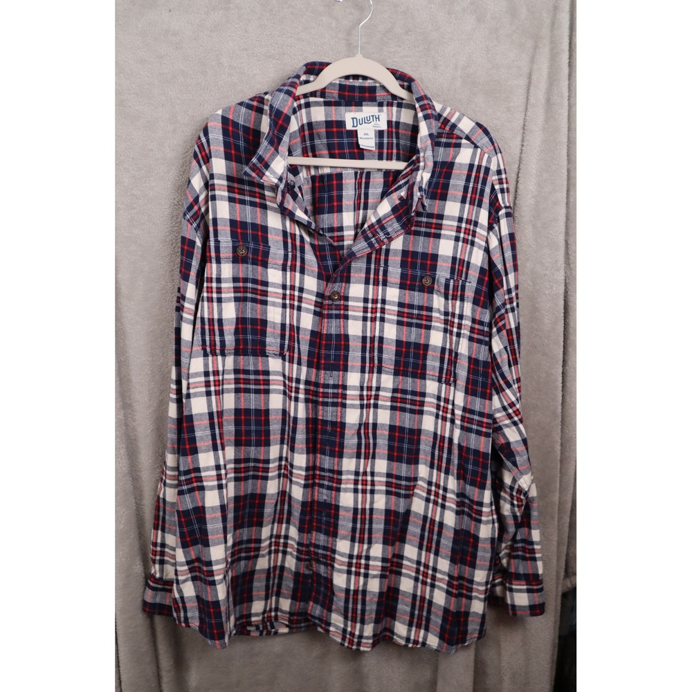 Duluth Trading Co Mens 3XL Relaxed Fit Flannel Shirt Plaid Navy Red Cotton
